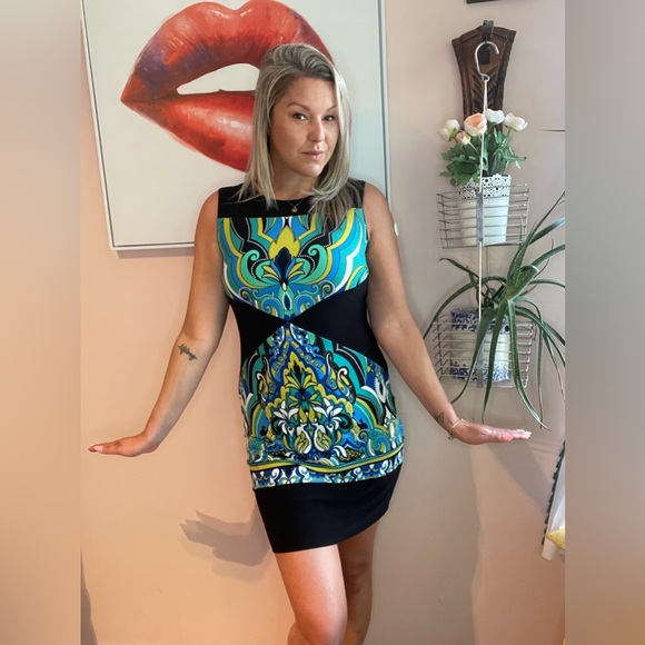 Vintage Dresses & Skirts - Vibrant Vintage 90s Multicolor Sleeveless Joseph Ribkoff Mini Dress, Size Medium